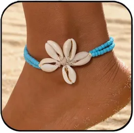 Shell Anklet Bracelet - Bohemian Braided Rope Ankle Chain with Natural Seashells & Blue Beads, Waterproof Beach Jewelry for Summer Vacations/Sea Parties, Women's Boho Foot Accessories