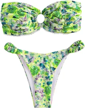 SHENHE Women's 2 Piece Bikini Set Summer Solid Ring Strapless Textured Bathingsuit