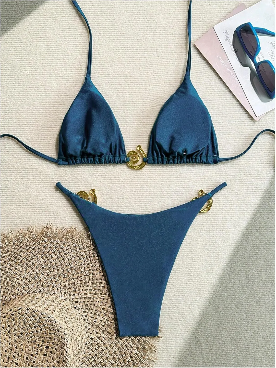 SHENHE Women's Thong Bikini Set Halter 2 Piece Swimsuit Triangle Metal Ring Bathing Suits