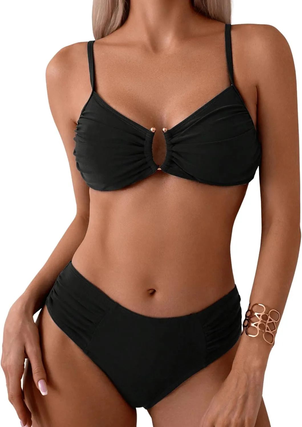 SweatyRocks Women's Two Piece Bikini Set Ring Linked Ruched Underwire Bikini Bathing Suit Swimwear Set Swimming Suit