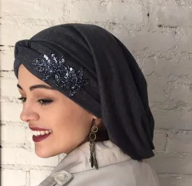 Uptown Girl Headwear Classic Top Knot Snood Turban Hijab With Stunning Applique