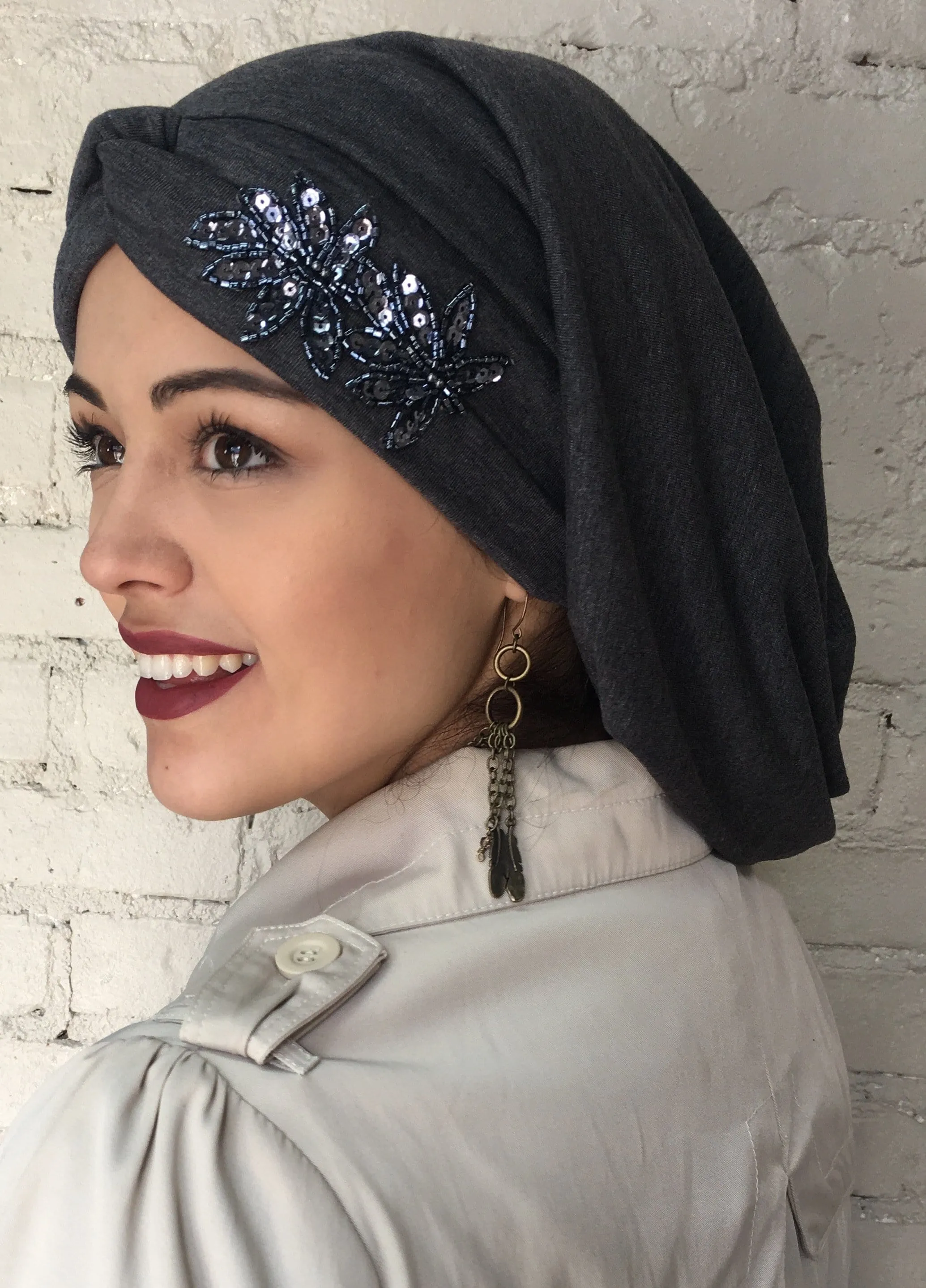 Uptown Girl Headwear Classic Top Knot Snood Turban Hijab With Stunning Applique