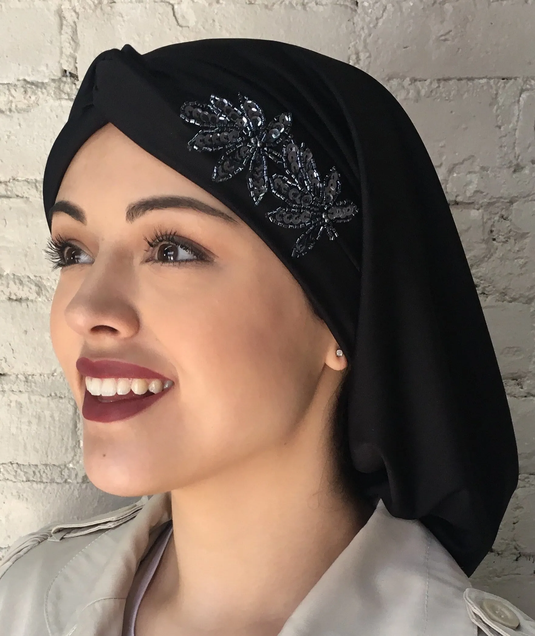 Uptown Girl Headwear Classic Top Knot Snood Turban Hijab With Stunning Applique