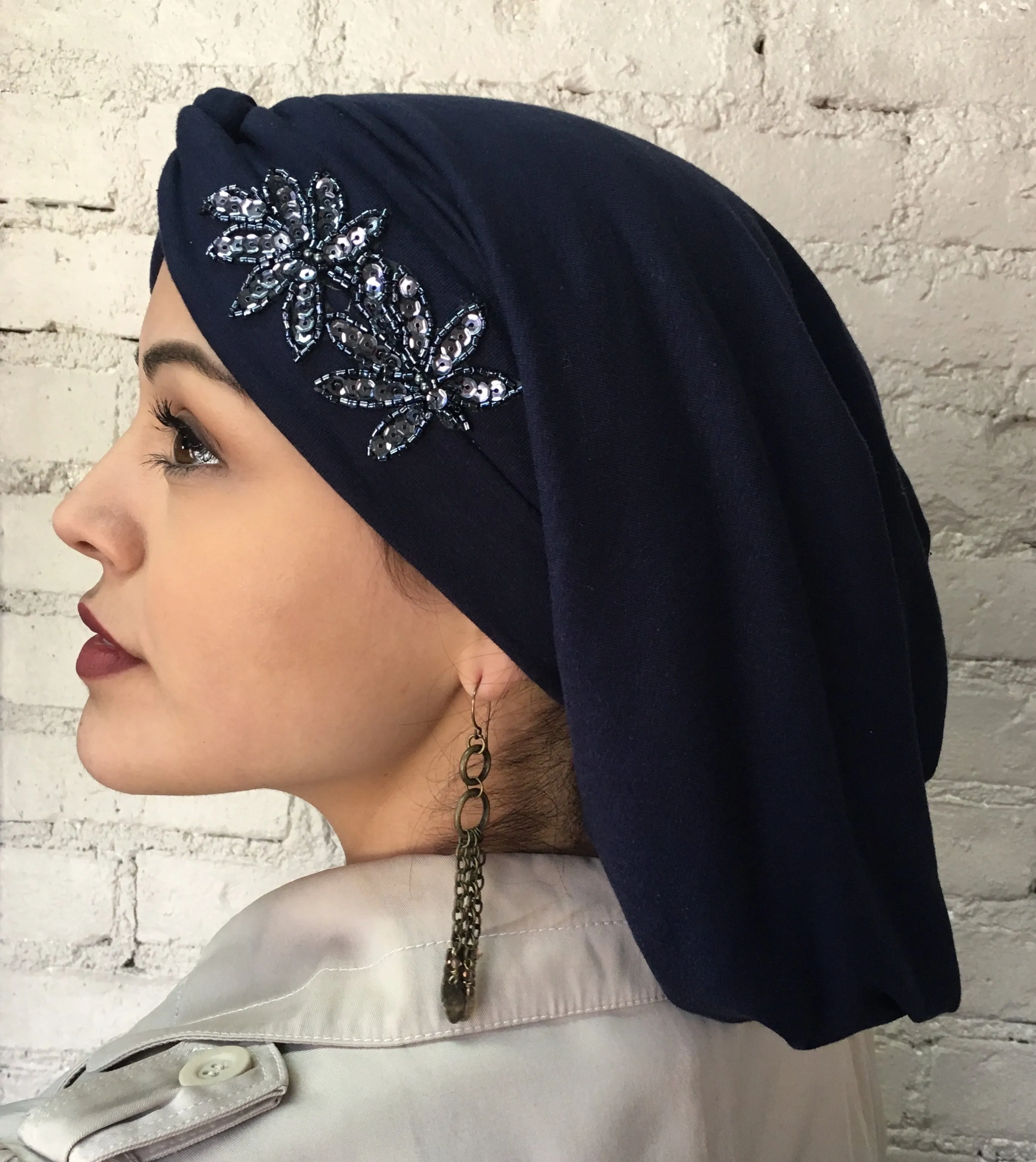 Uptown Girl Headwear Classic Top Knot Snood Turban Hijab With Stunning Applique