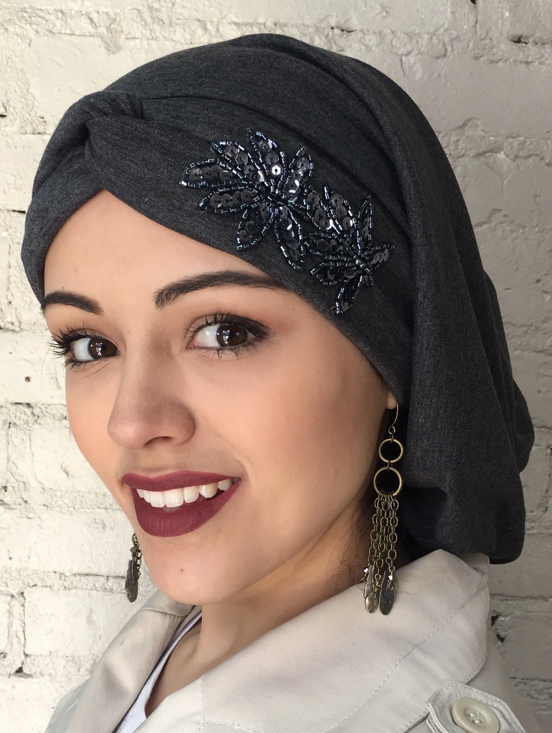 Uptown Girl Headwear Classic Top Knot Snood Turban Hijab With Stunning Applique