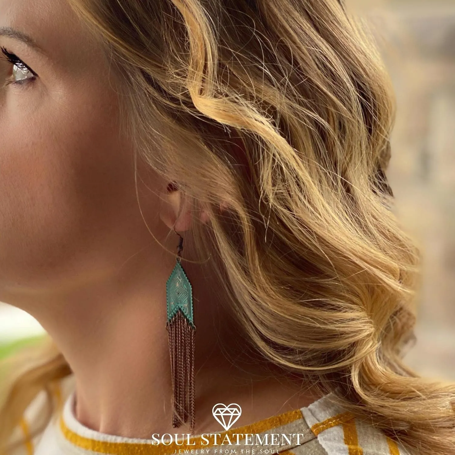 Vintage Country Western Jewelry for Women: Dangle Boho Turquoise & Bronze Patina Earrings with Long Copper Tassel Chains | Dangle Earring Set, Cowgirl Style Geometric Concert Festival Accessories