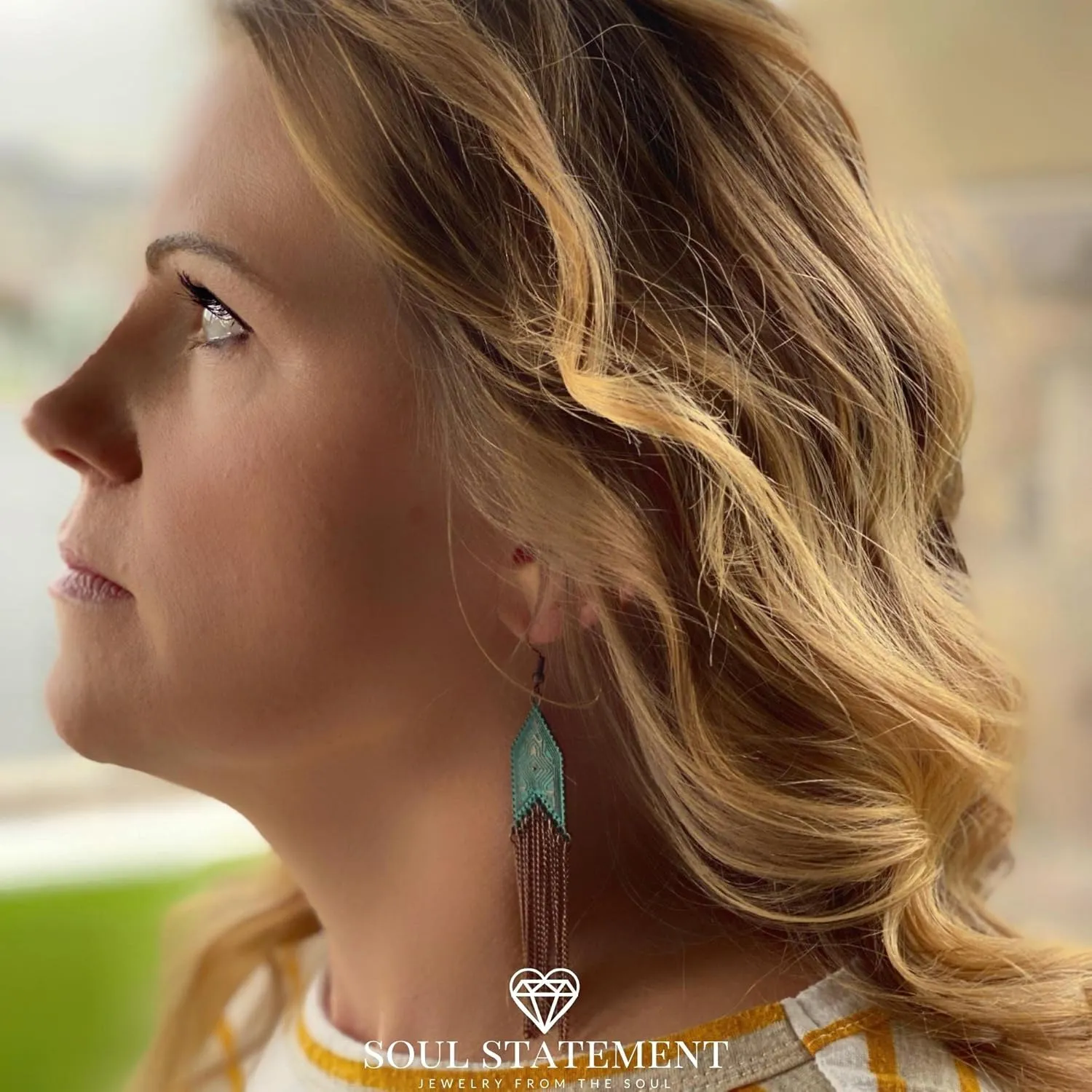 Vintage Country Western Jewelry for Women: Dangle Boho Turquoise & Bronze Patina Earrings with Long Copper Tassel Chains | Dangle Earring Set, Cowgirl Style Geometric Concert Festival Accessories