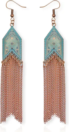 Vintage Country Western Jewelry for Women: Dangle Boho Turquoise & Bronze Patina Earrings with Long Copper Tassel Chains | Dangle Earring Set, Cowgirl Style Geometric Concert Festival Accessories