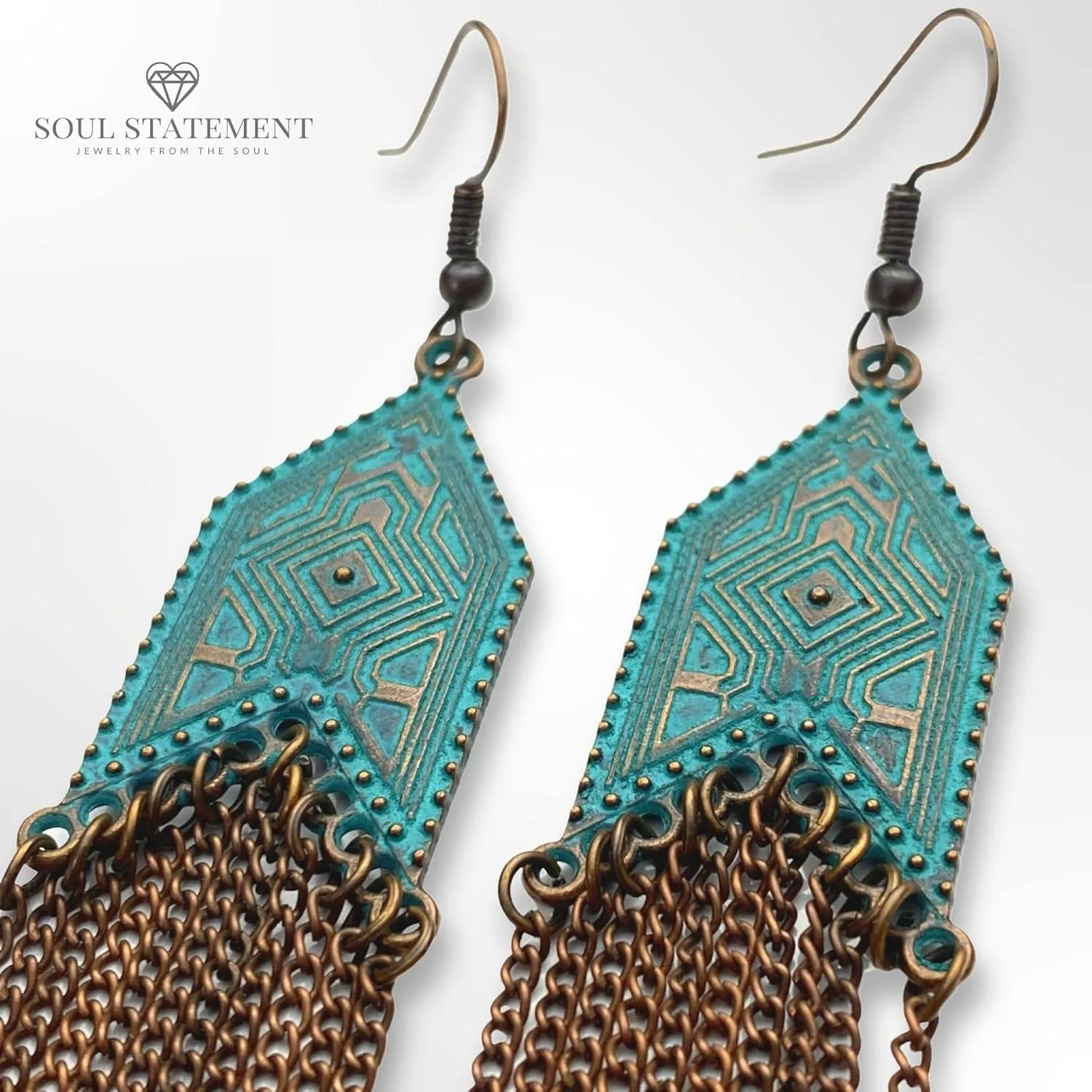 Vintage Country Western Jewelry for Women: Dangle Boho Turquoise & Bronze Patina Earrings with Long Copper Tassel Chains | Dangle Earring Set, Cowgirl Style Geometric Concert Festival Accessories