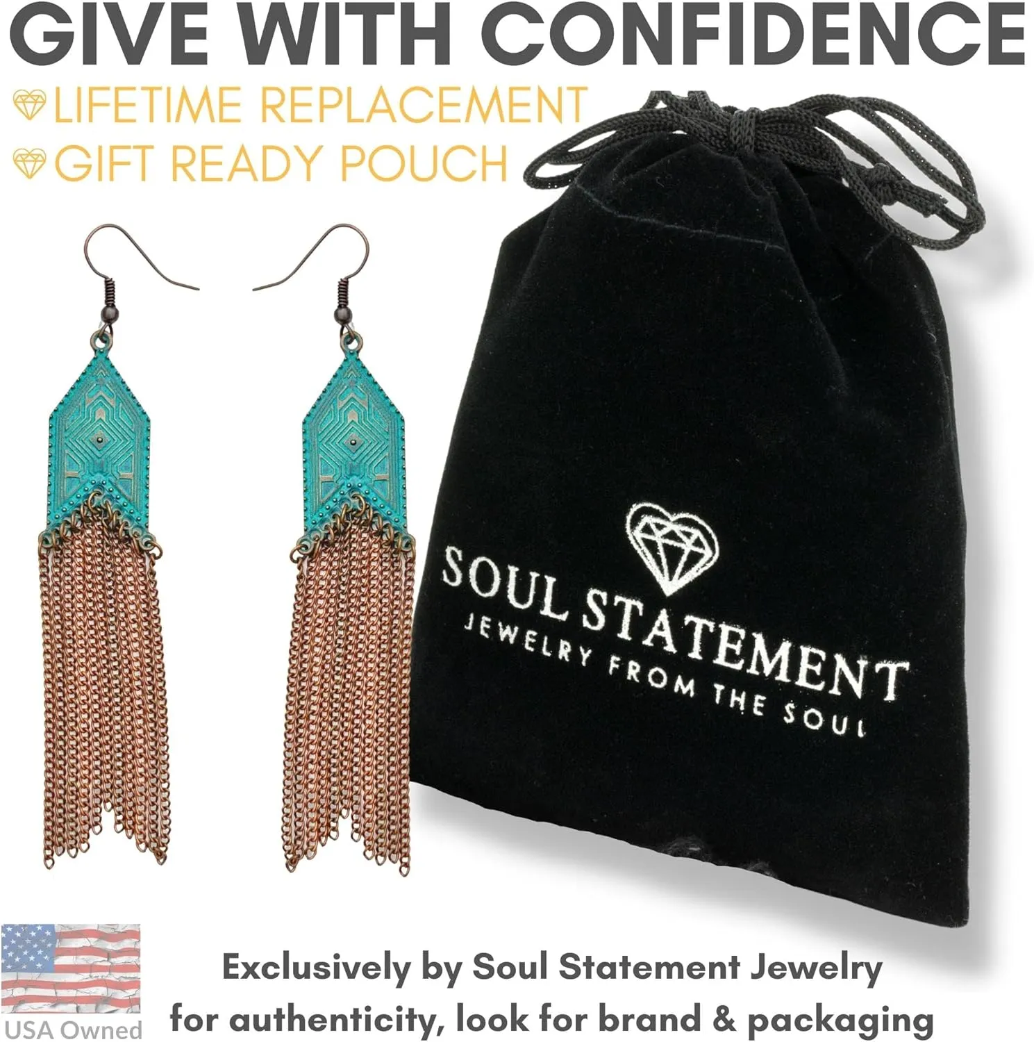 Vintage Country Western Jewelry for Women: Dangle Boho Turquoise & Bronze Patina Earrings with Long Copper Tassel Chains | Dangle Earring Set, Cowgirl Style Geometric Concert Festival Accessories