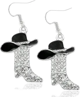Western Cowgirl Enamel Hat Sparkly Rhinestone Symmetric Boots Sparkly Rhinestone Tassels Drop Dangle Rural Culture Earrings Set for Women Jewelry Gift