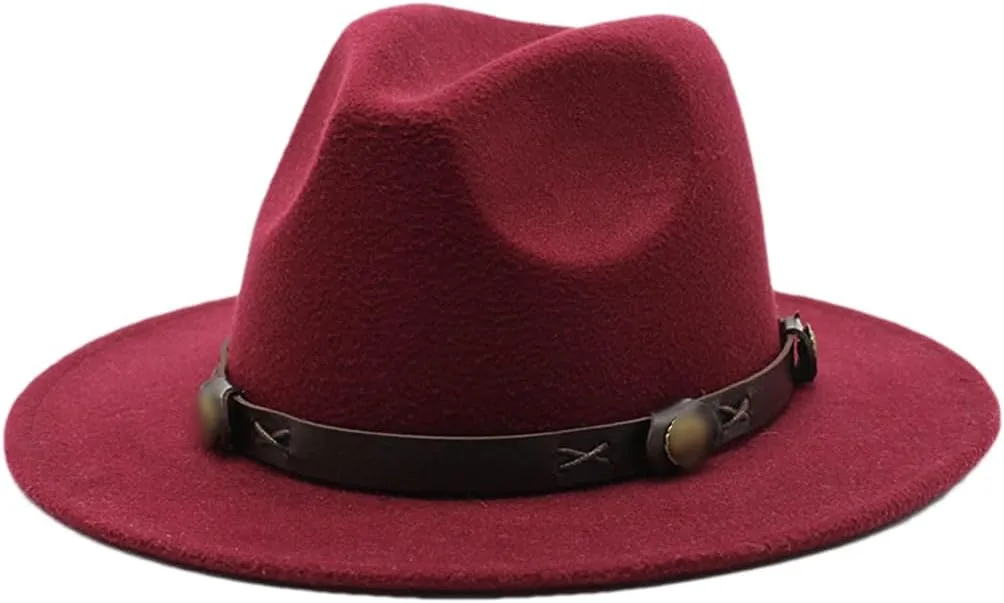 Women Fedoras Woolen Hat Classic Jazz Hat Flat Brim Hat Couple Hat Outdoor Travel 3 Without Chain