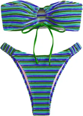Women's Striped Printed Bandeau Bathing Suit High Waisted Swimsuit Bikini Set