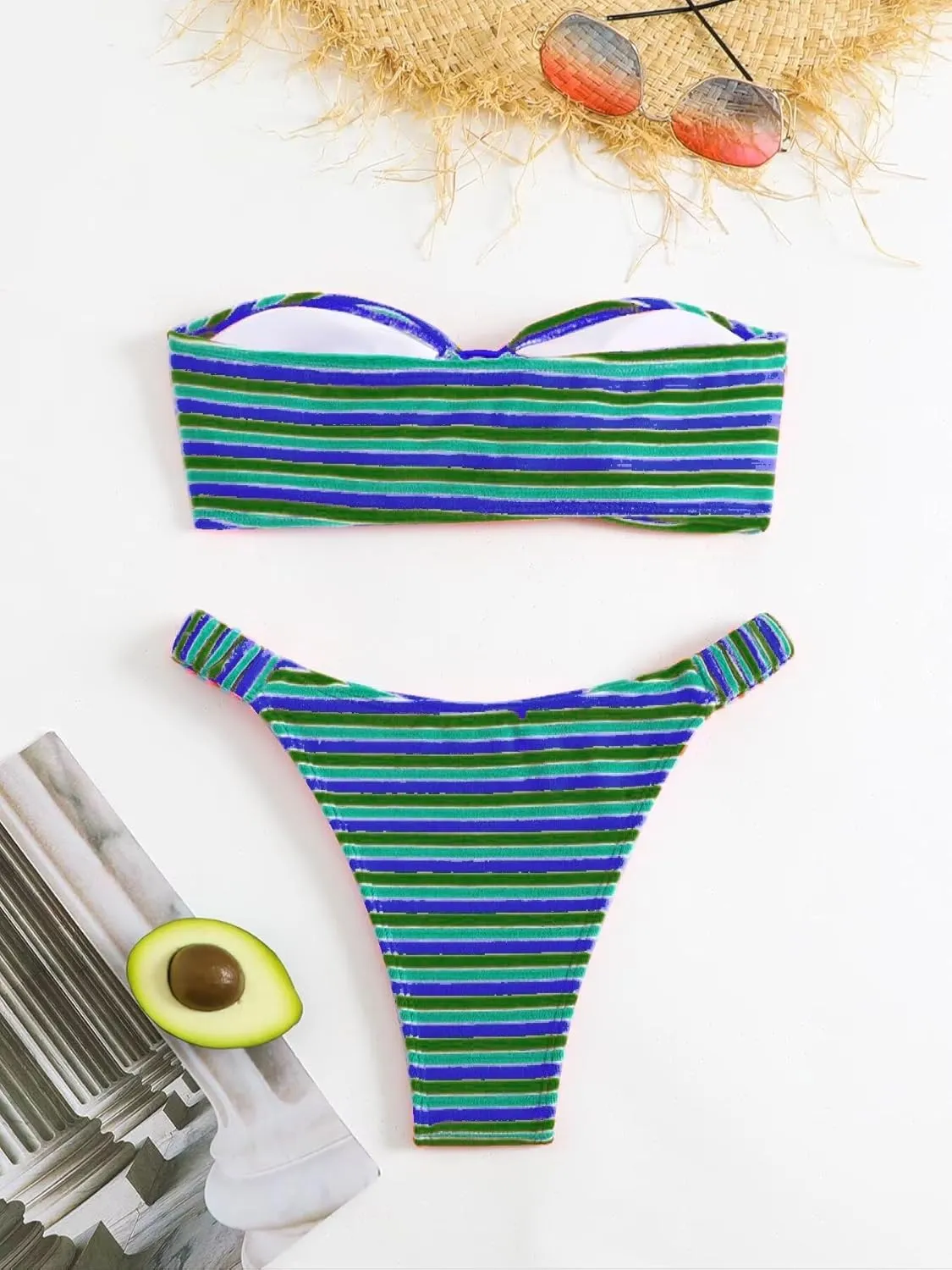 Women's Striped Printed Bandeau Bathing Suit High Waisted Swimsuit Bikini Set
