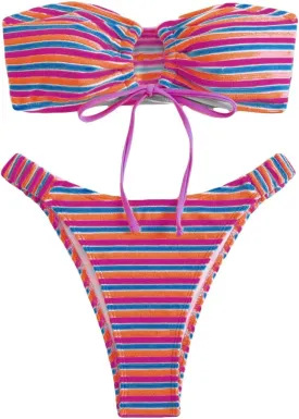 Women's Striped Printed Bandeau Bathing Suit High Waisted Swimsuit Bikini Set