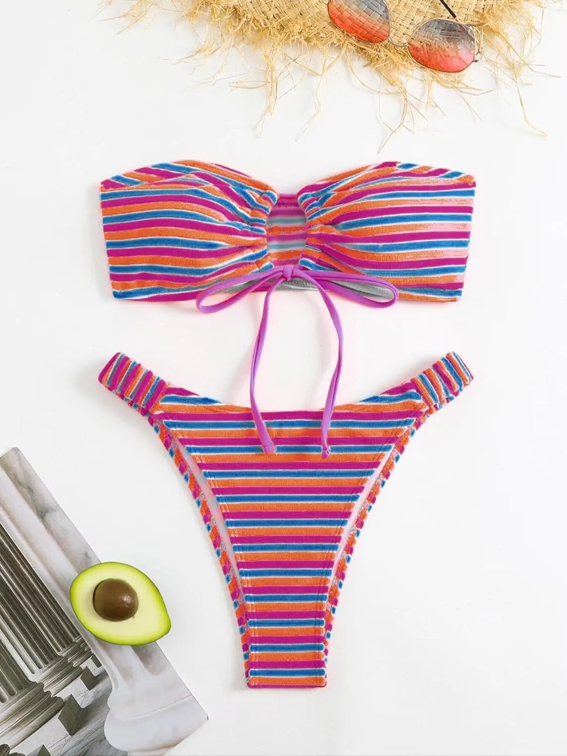 Women's Striped Printed Bandeau Bathing Suit High Waisted Swimsuit Bikini Set