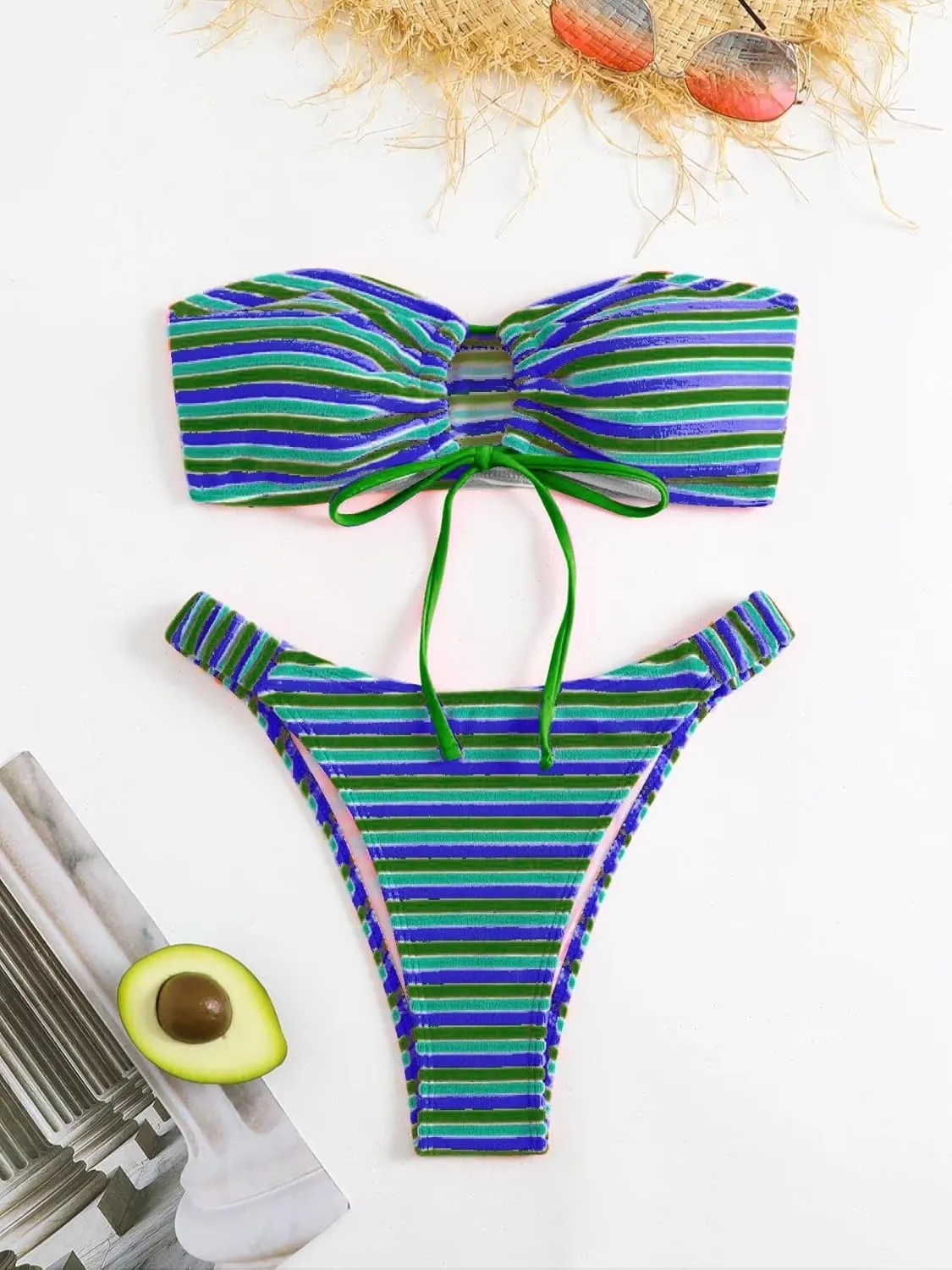 Women's Striped Printed Bandeau Bathing Suit High Waisted Swimsuit Bikini Set