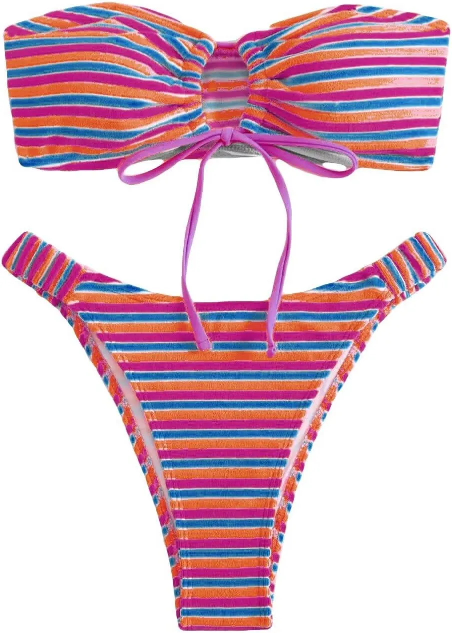 Women's Striped Printed Bandeau Bathing Suit High Waisted Swimsuit Bikini Set