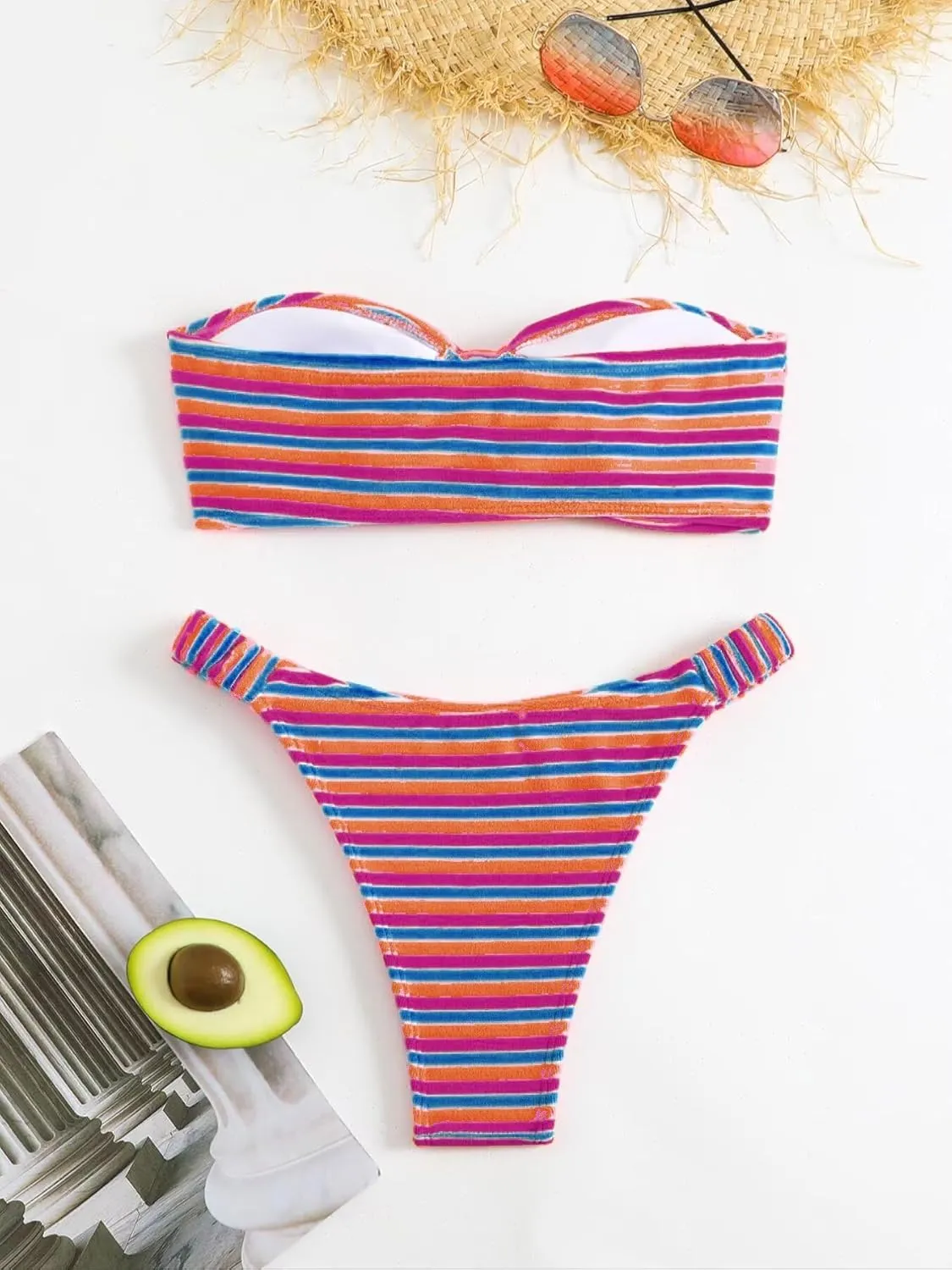 Women's Striped Printed Bandeau Bathing Suit High Waisted Swimsuit Bikini Set