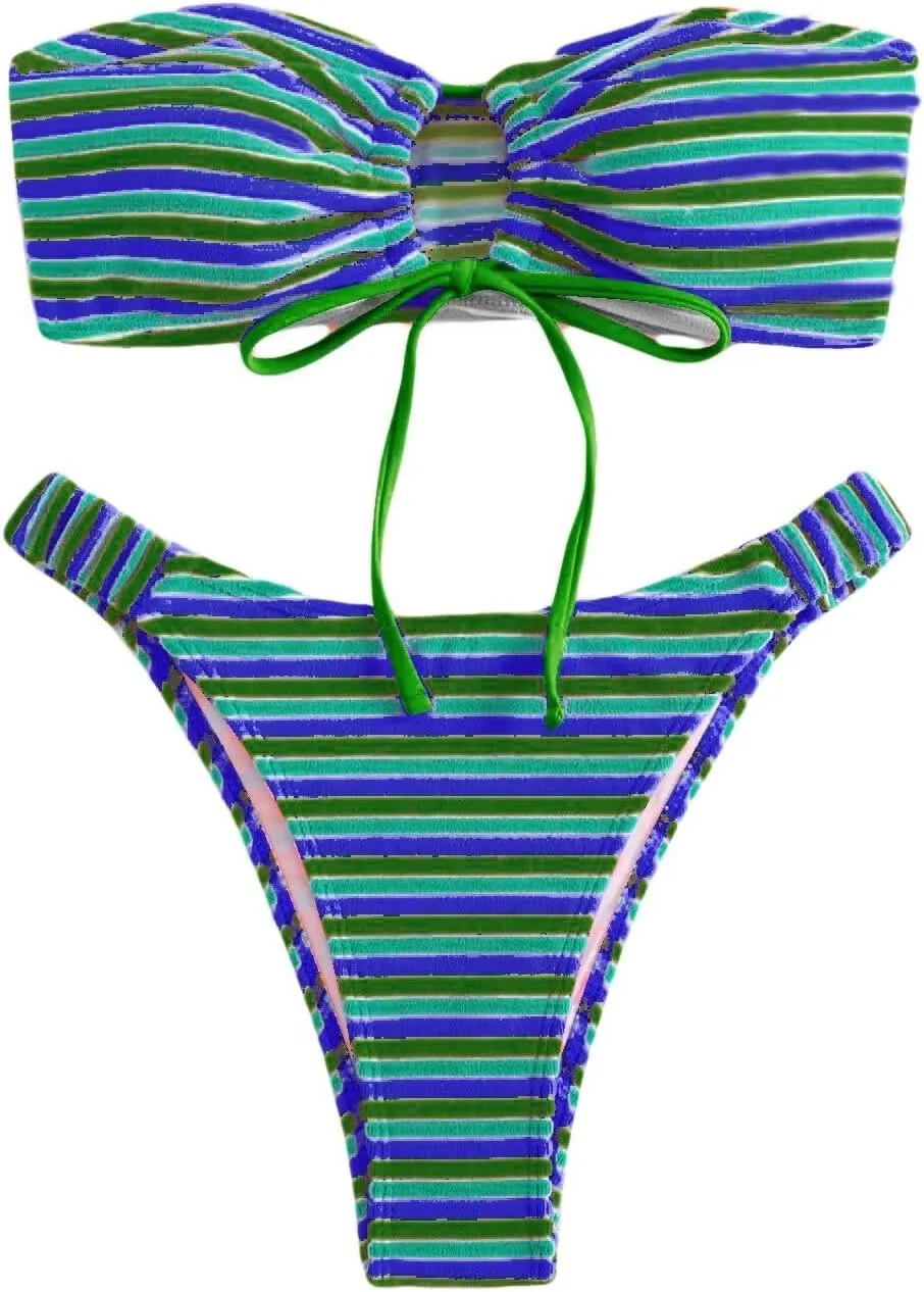 Women's Striped Printed Bandeau Bathing Suit High Waisted Swimsuit Bikini Set