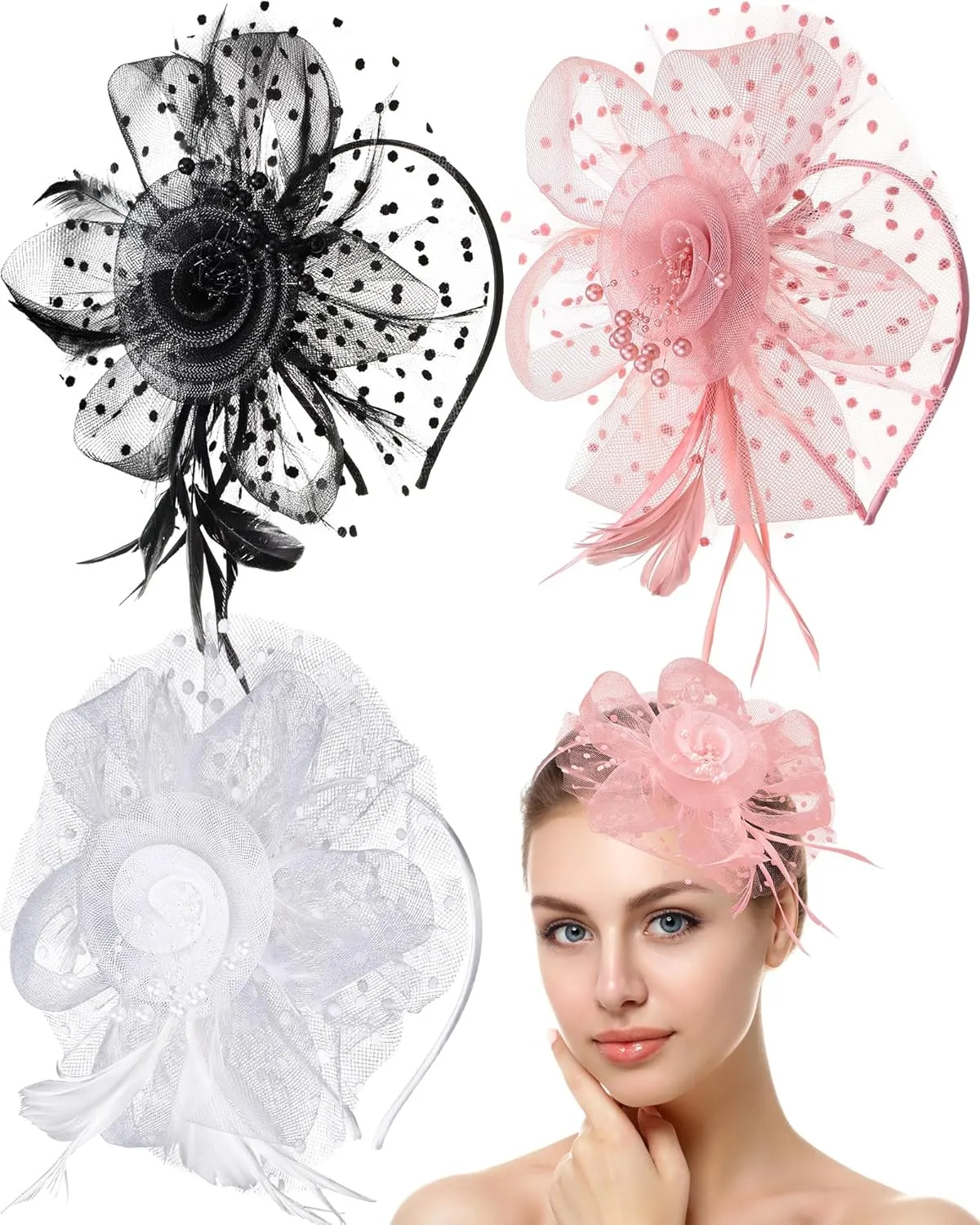 Yunsailing 3 Pack Fascinators Hats for Women, Tea Party Hats for Girls Flower Cocktail Mesh Feathers Hair Clip for Party