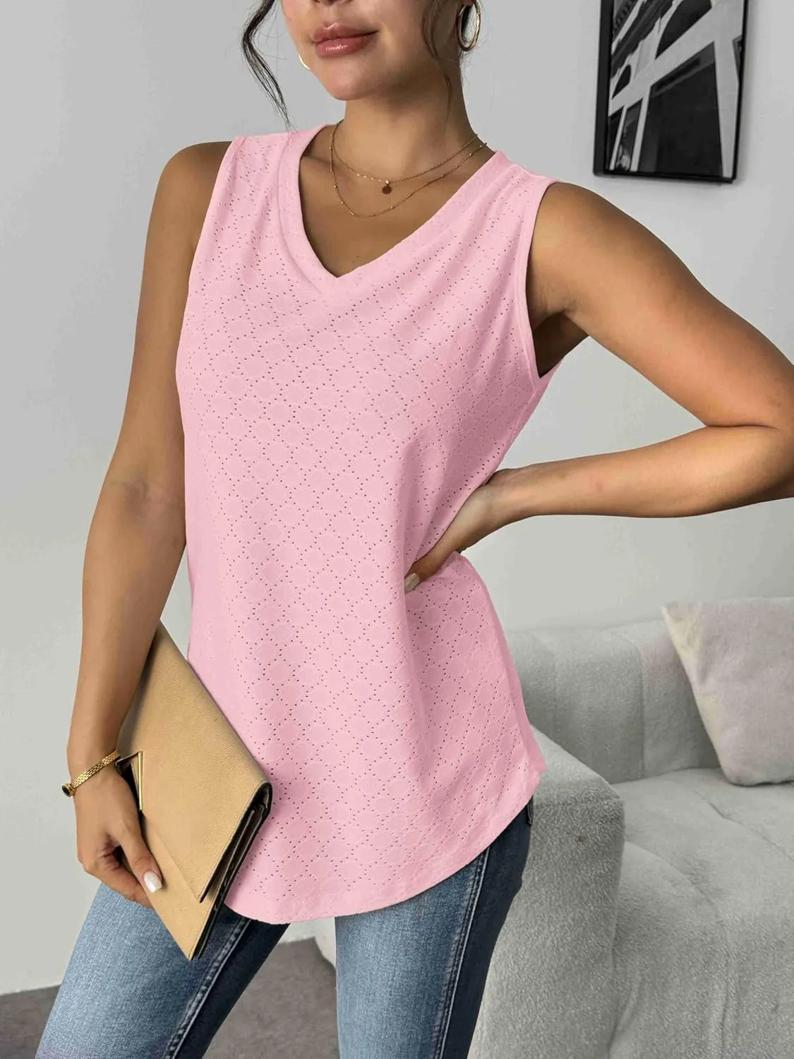 Zeagoo Women Eyelet Tank Tops Sleeveless Shirts V Neck Cute Summer Top Loose Fit Camisole S-XXL